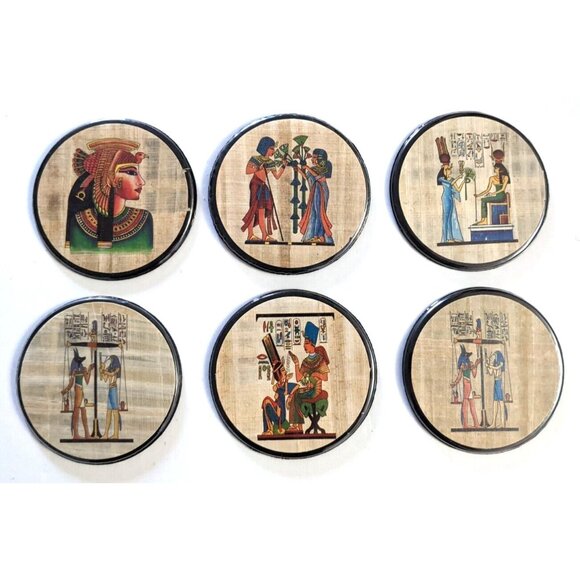 Box Of 6 VTG Papyrus Coaster Egyptian 4 In. Water Heat Resistant Lined Unused - Picture 1 of 10